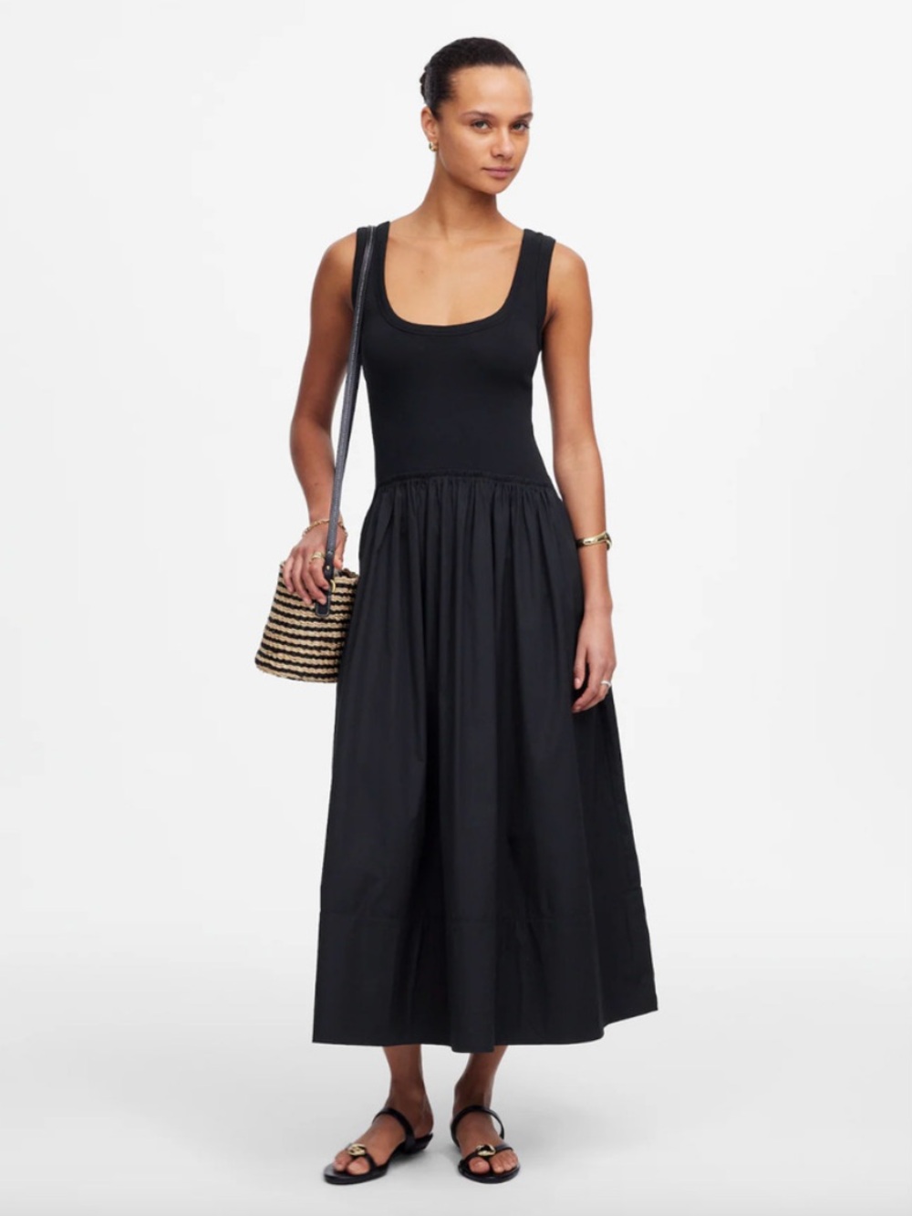 NWT Madewell Black Mixed Poplin Scoopneck Maxi Dress with Pockets